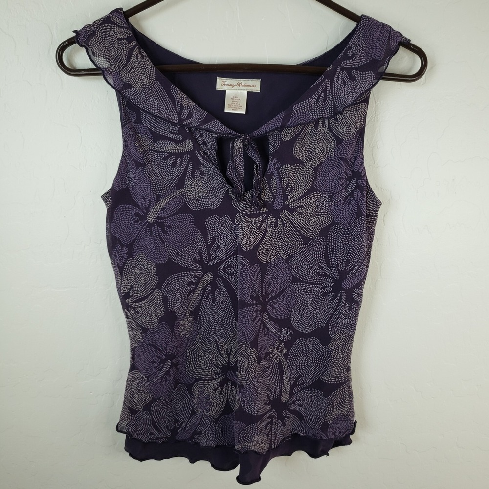 Tommy Bahama Blouse Women's Size 6‎ Purple Floral Sleeveless Sheer Lined Top - Picture 4 of 8